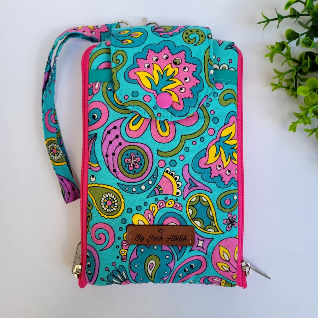 Carteira Feminina Porta Celular De Tecido 4 Divisórias Com Alça De Mão