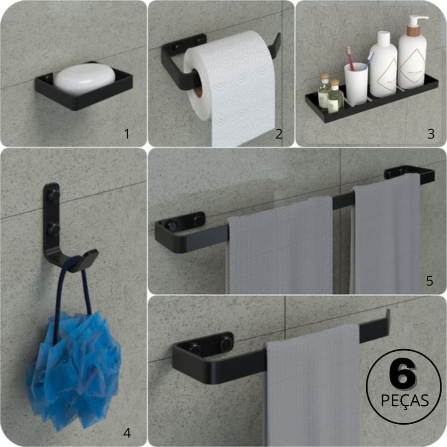 Kit Acessórios Para Banheiro Com Adesivo 6 Peças Preto Fosco