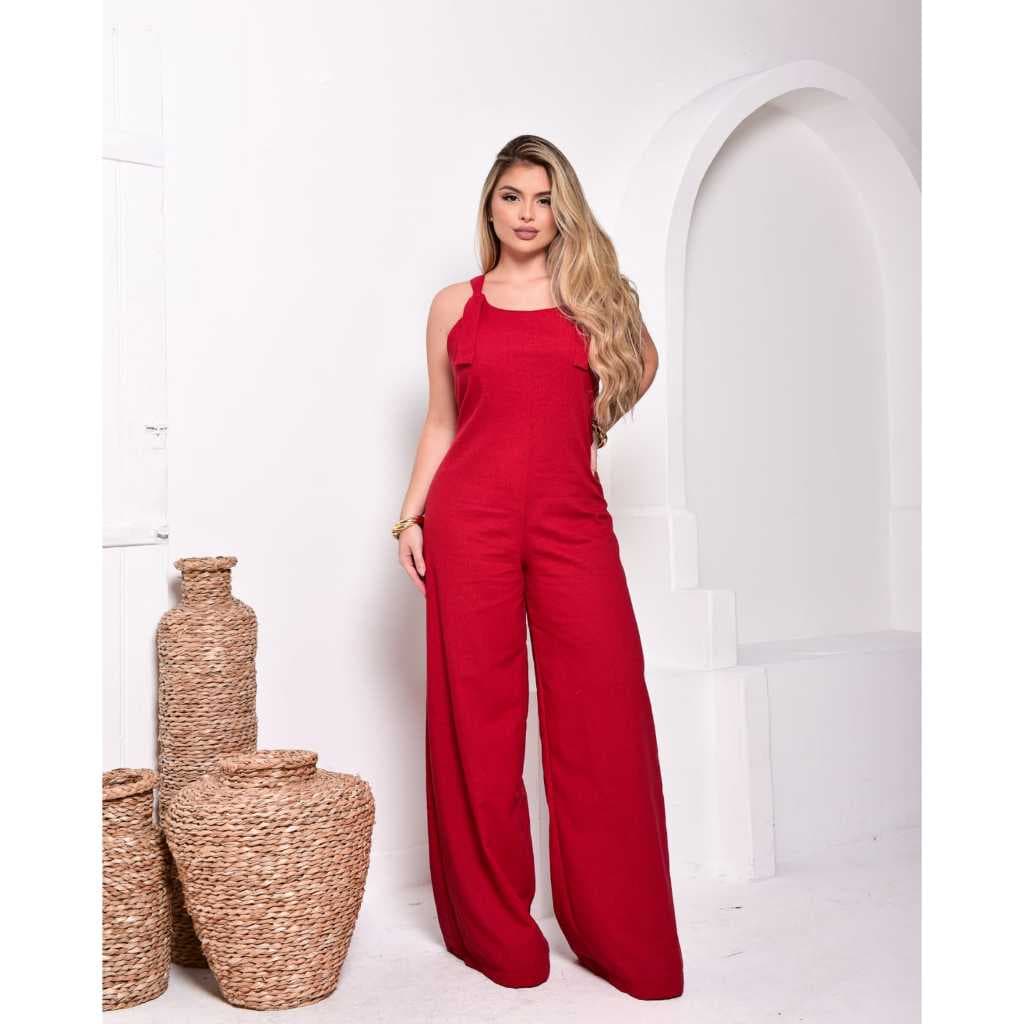 Macacão Wide leg pantalona no linho com botões de madeira