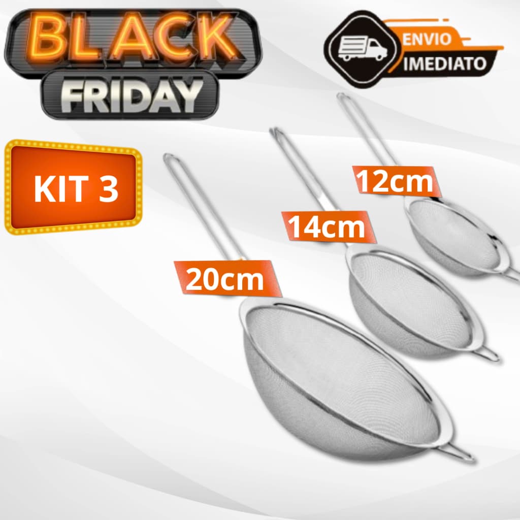 KIT 3 Peneiras 12 cm 14 cm e 20 cm  De Aço Inox Utensílios De Cozinha