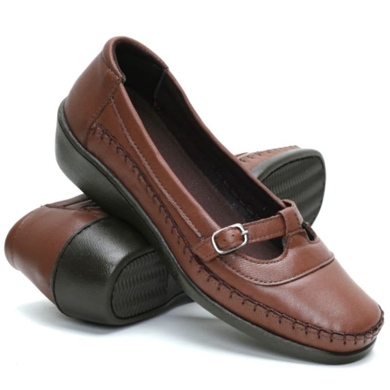 Sapatilha Feminino Em Couro Linha Conforto Ortopédico Salto Baixo.