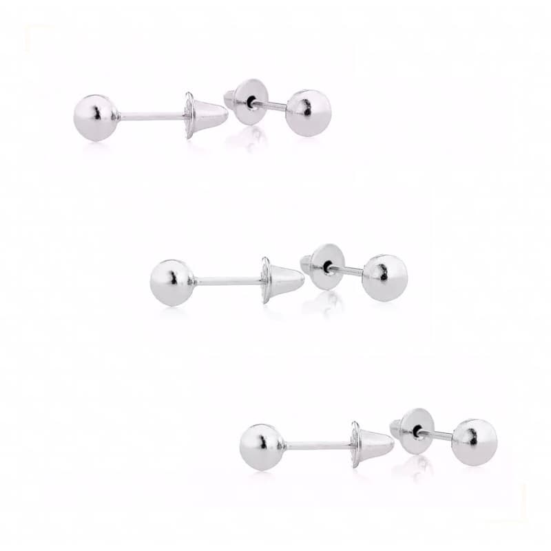 Kit 3 pares  Brinco bola bolinha 2,5mm Prata925 Tarraxa baby Maternidade segundo furo