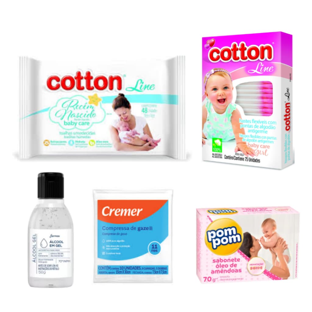 Kit Cuidados com o Recém nascido na Maternidade Cotton Line com 5 itens Menina