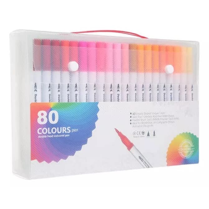 Kit 60/80/100/120 Canetas 2 em 1 Brush Lettering e Ponta Fina Dual Pen Canetinha Colorir Desenho Volta Aulas