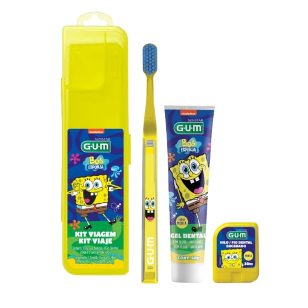 Kit Higiene Dental Infantil  Bob Esponja Escova de Dente Fio e Gel Fluoretado Sabor Menta