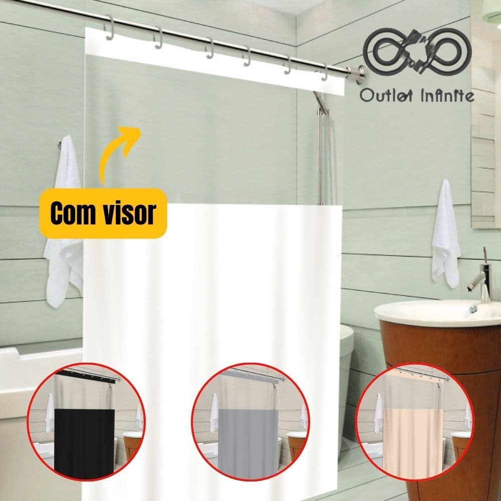 Cortina Box Banheiro Com Visor Lisa Antimofo C/ Gancho Cores