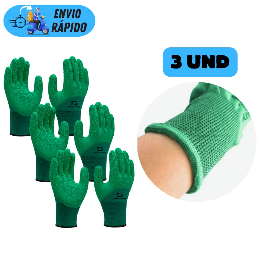 KIT 3 PARES DE LUVA DE SEGURANÇA LATEX CORRUGADA SUPER SAFETY 1009 POLIAMIDA ANTIDERRAPANTE PEDREIRO NATAL