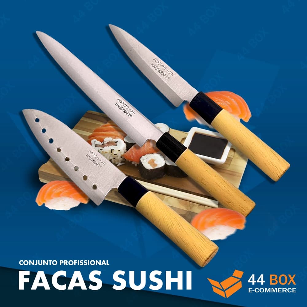 Kit Faca Japonesa  Aço Inoxidável para Cozinha Cortes de Sushi Sashimi Asia Master Chef 3 Peças