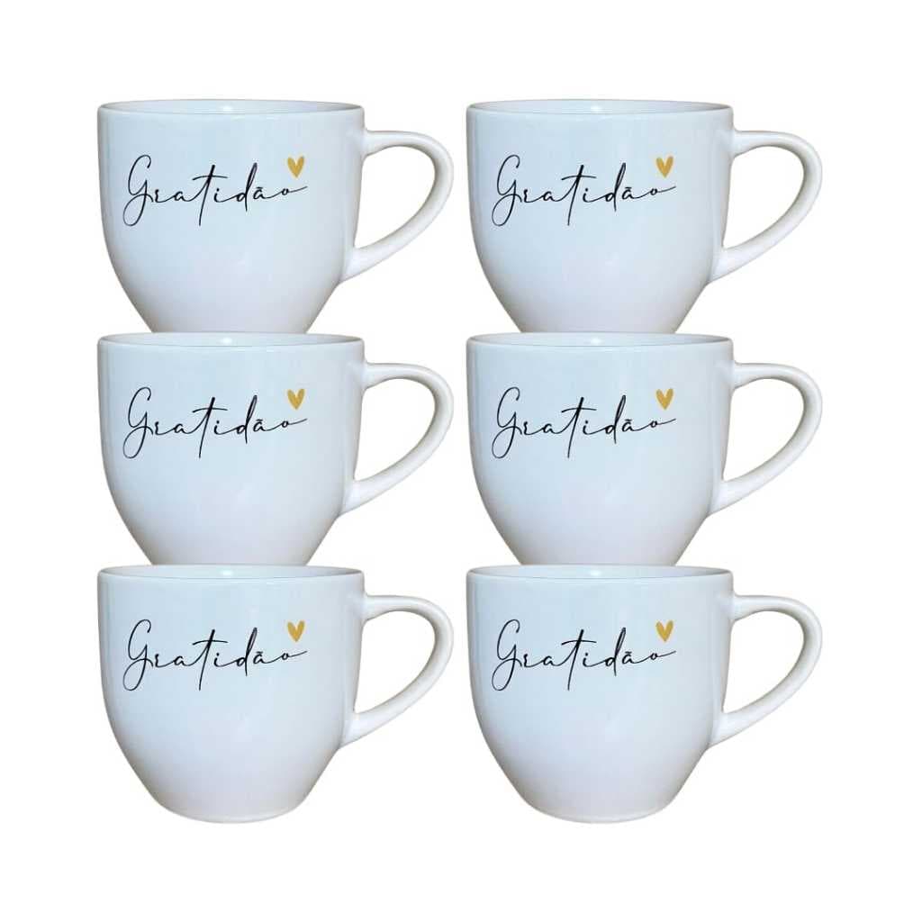 Kit 6 Xícaras Paris Porcelana Branca Gratidão Moderna 170 Ml
