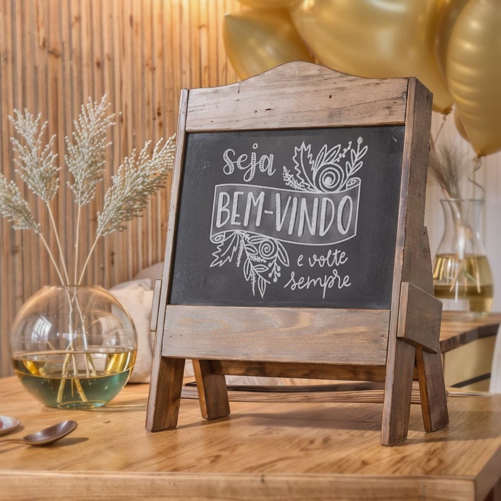 Cavalete Com Lousa De Mesa Rustica Madeira Pinus Decoração Festa Cenário Ensaio Quadro Anotações Decorativa Chá de bebê