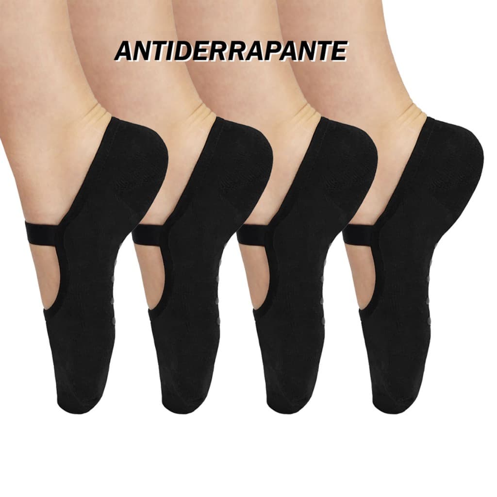 Kit Meia Sapatilha Antiderrapante Pilates Yoga Feminina - Preta