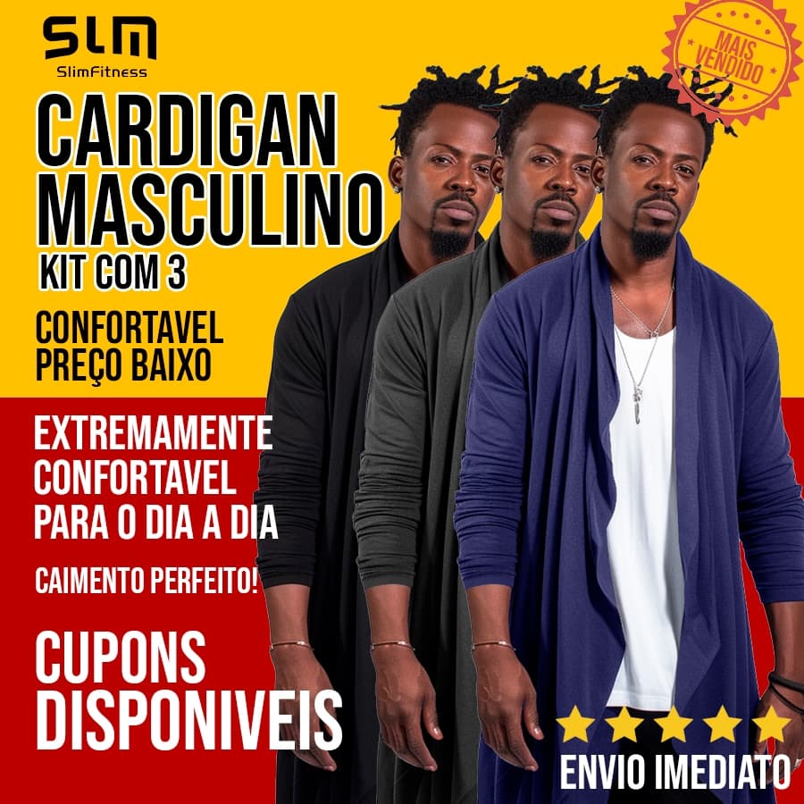 Kit com 3 Blazer Cardigan Longo Masculino Casaco Estiloso Fashion