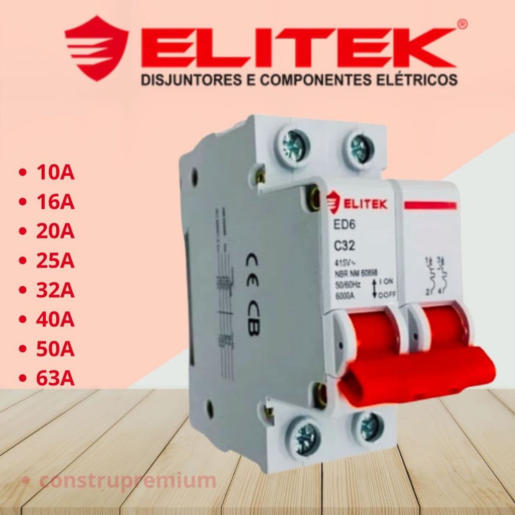 Disjuntor Bipolar Duplo Bifasico 2 Polos16a, 20a, 25a, 32a, 40a, 50a, 63a, Din ED6 Elitek