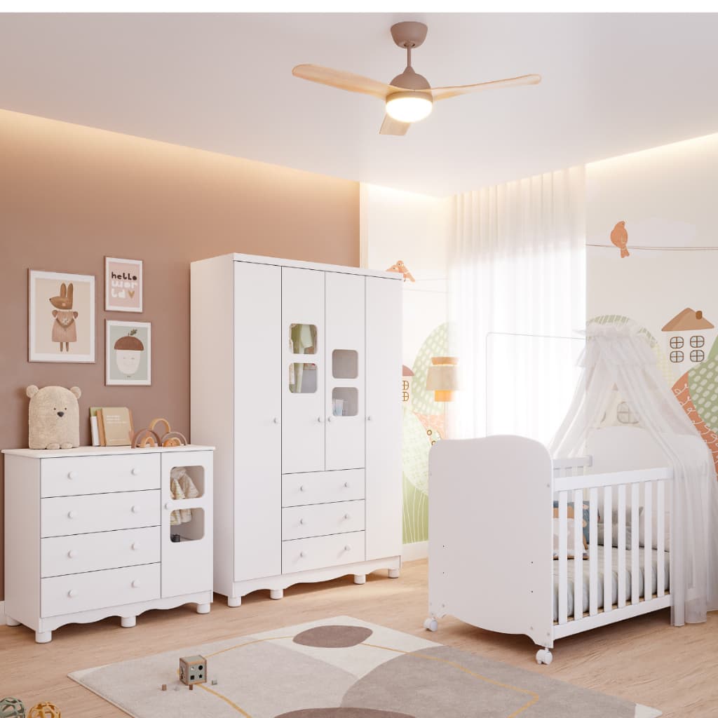 Quarto de Bebê Completo Guarda Roupa 4 Portas Berço Americano Cômoda Uli 4 Gavetas Faura