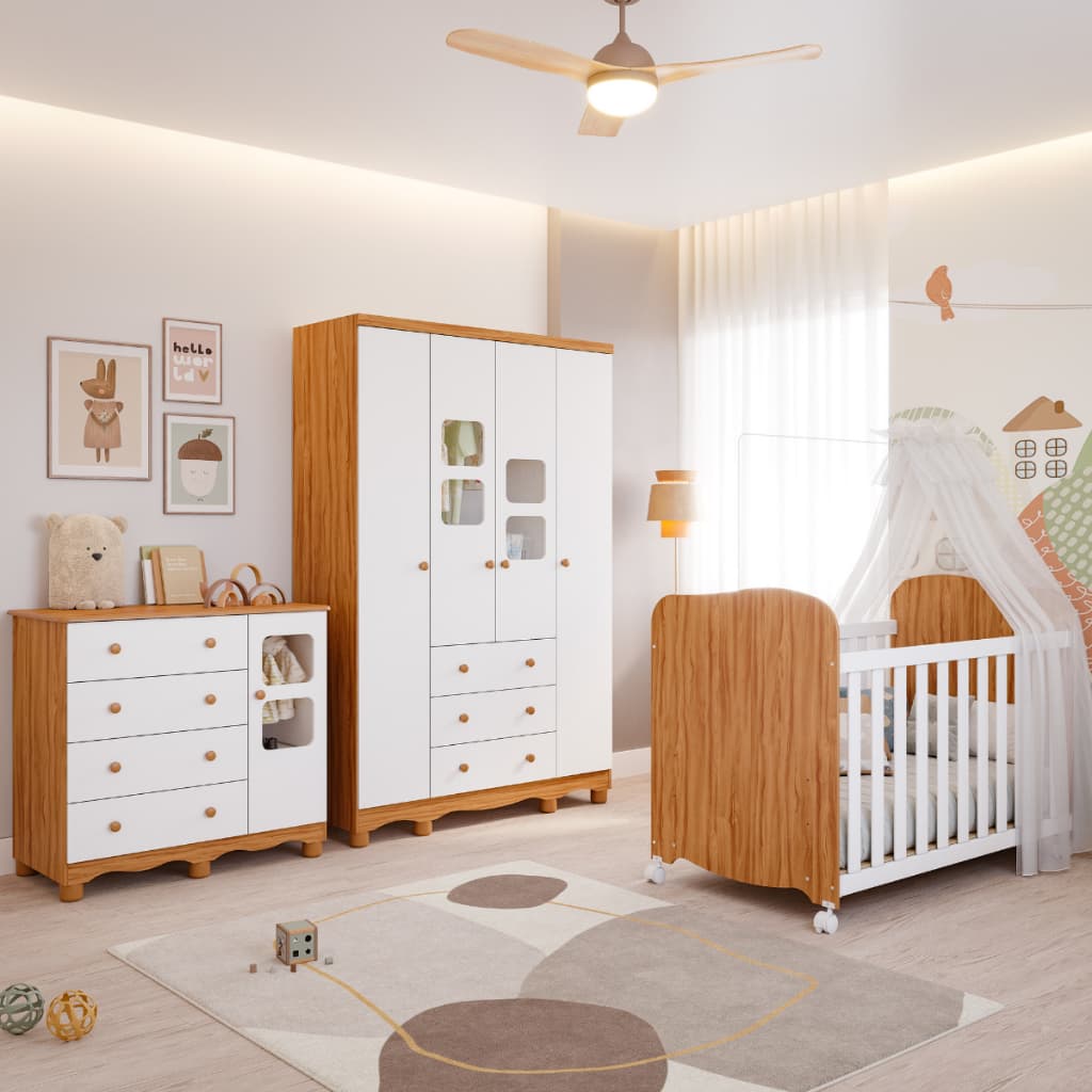 Quarto de Bebê Completo Guarda Roupa 4 Portas 3 Gavetas Berço Americano Cômoda Uli 1 Porta