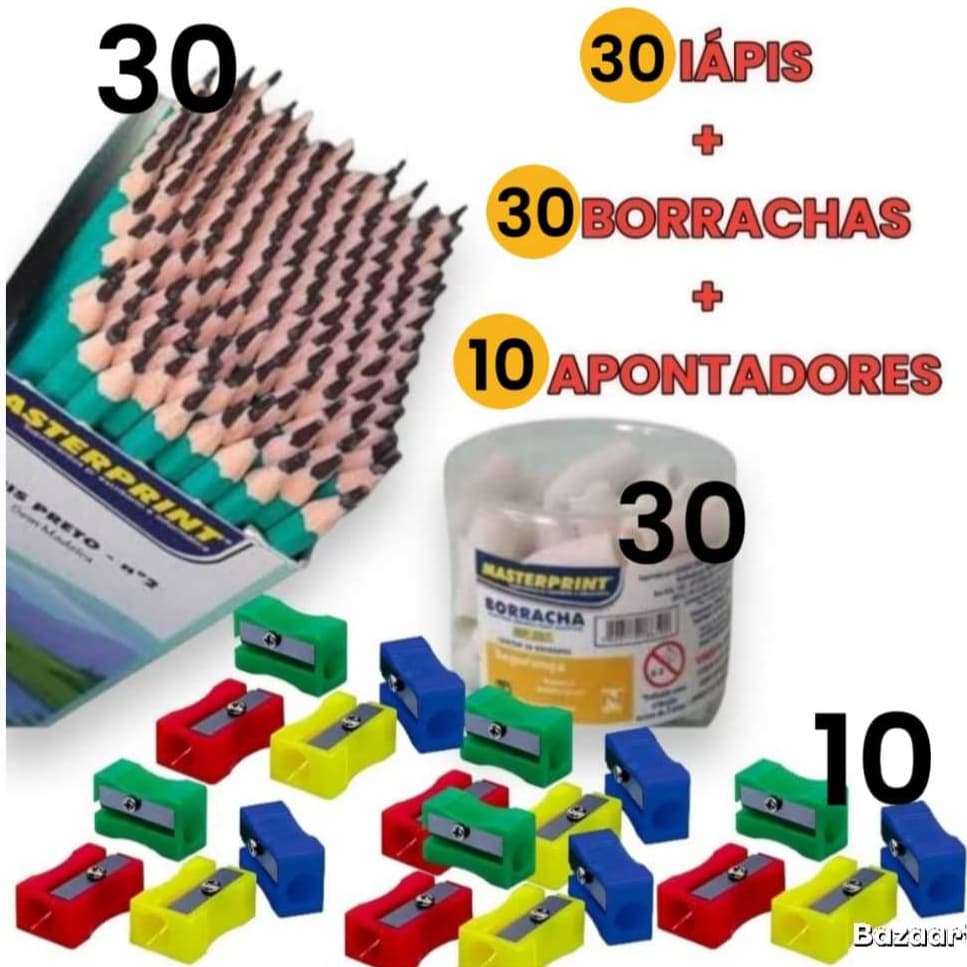 Kit 30 Lápis de Escrever Preto + 30 Borracha Escolar Ponteira Branca + 10 Apontador Plastico Escola