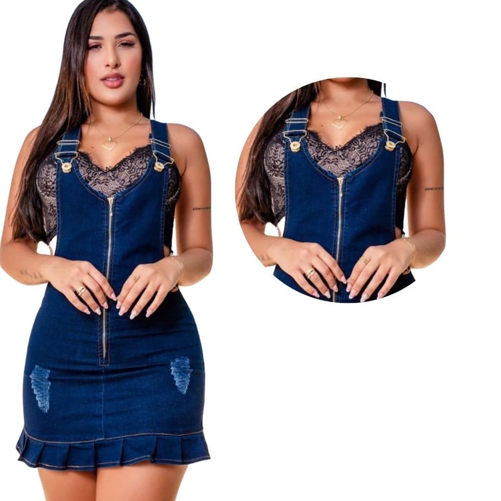 Salopete Feminina Jeans Modelo Jardineira Escura Jeans Com Lycra