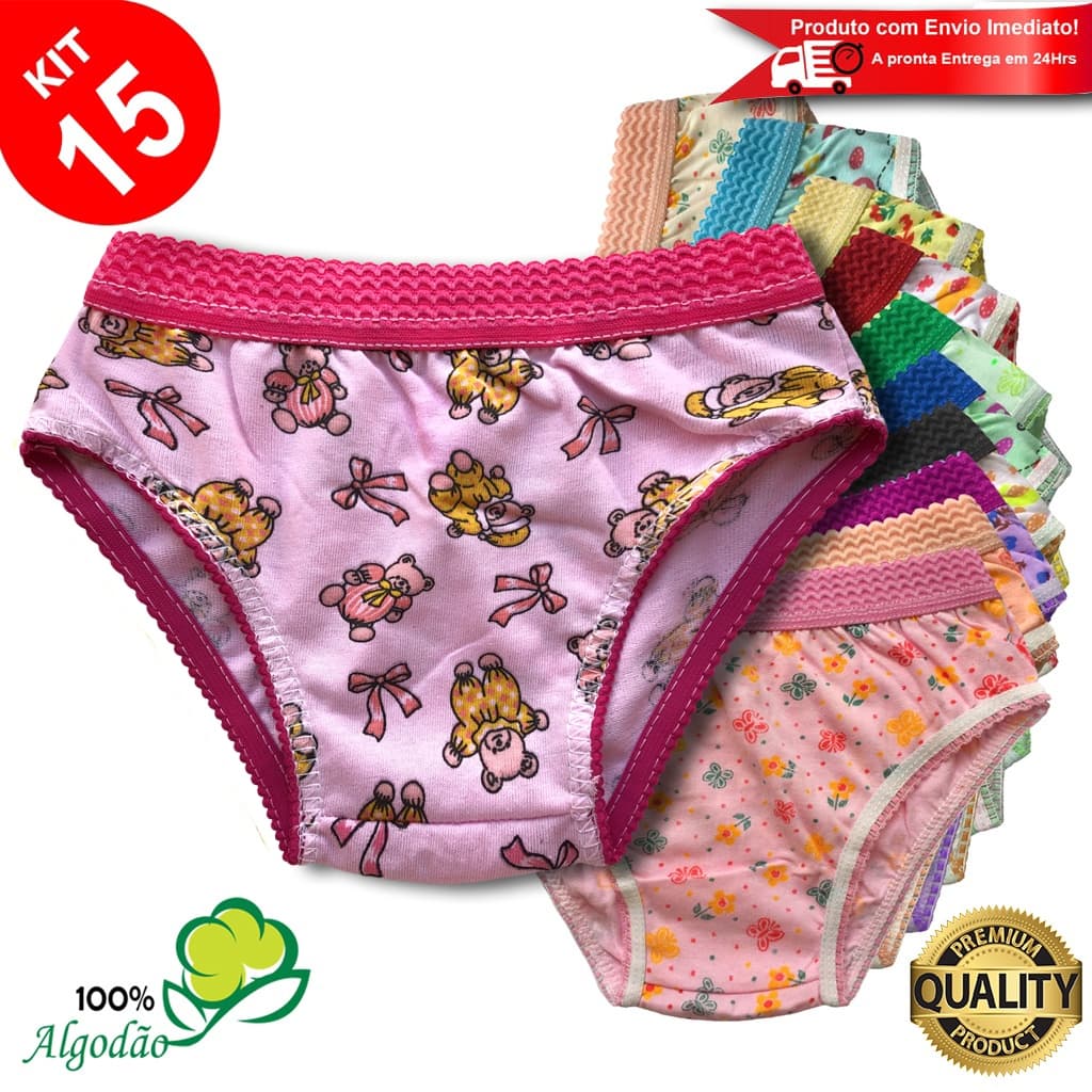 Kit 15 Calcinhas Infantil Algodão Cós Elástico Estampada Menina