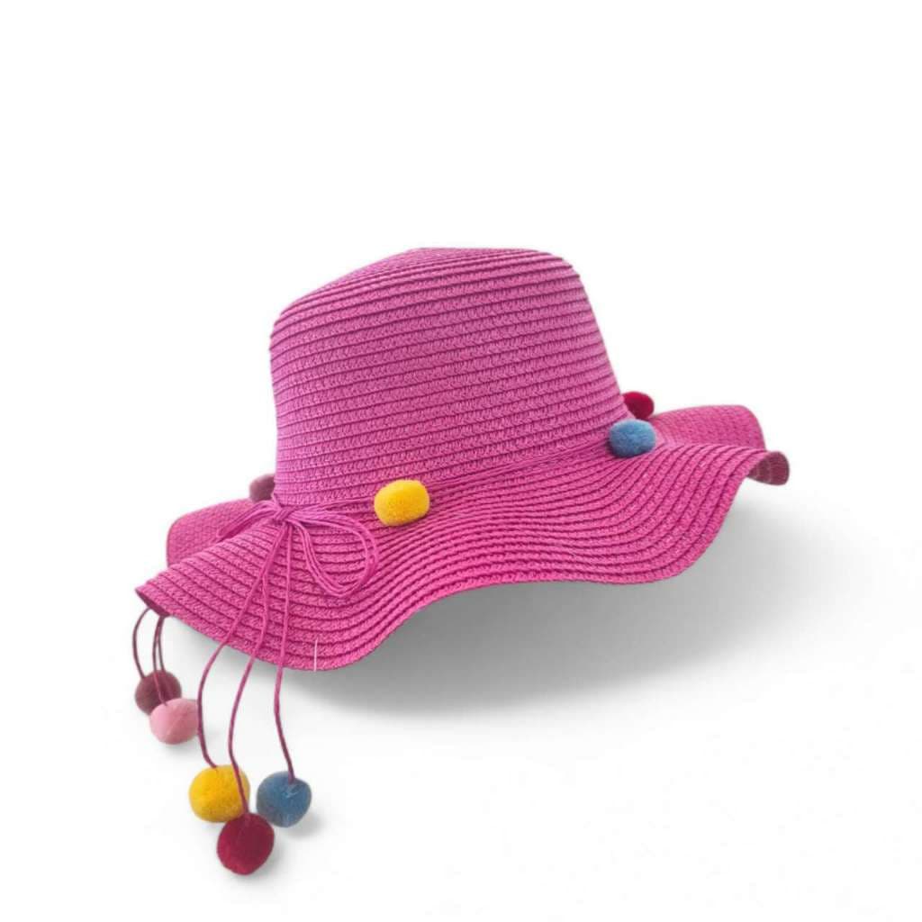 Chapéu de Palha Infantil, Chapéu de Sol Feminino Bonito Proteção Solar com Pompons Ideal para Praia e Passeios