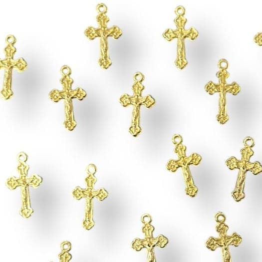 30 Pingente Cruz Duplaface 2cm em Metal Dourada - Pingente Cruz para Terço de pulso artesanato e lembranças