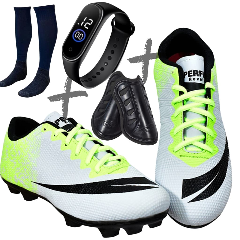 Chuteira Campo Adulto Infantil com Meião Relogio e Caneleira Colada e costurada PROMOÇÃO