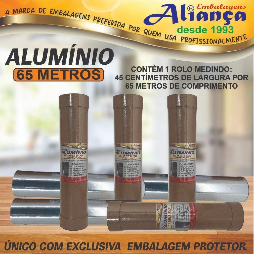 Rolo de papel alumínio 45cm 65m de comprimento.