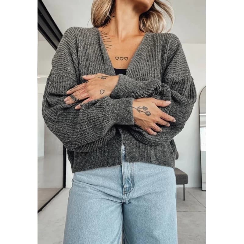 Casaco Curto Cardigan de Tricot Mousse Feminino Manga Longa Bufante Casaqueto Curto de Tricô Fio Mousse Inverno