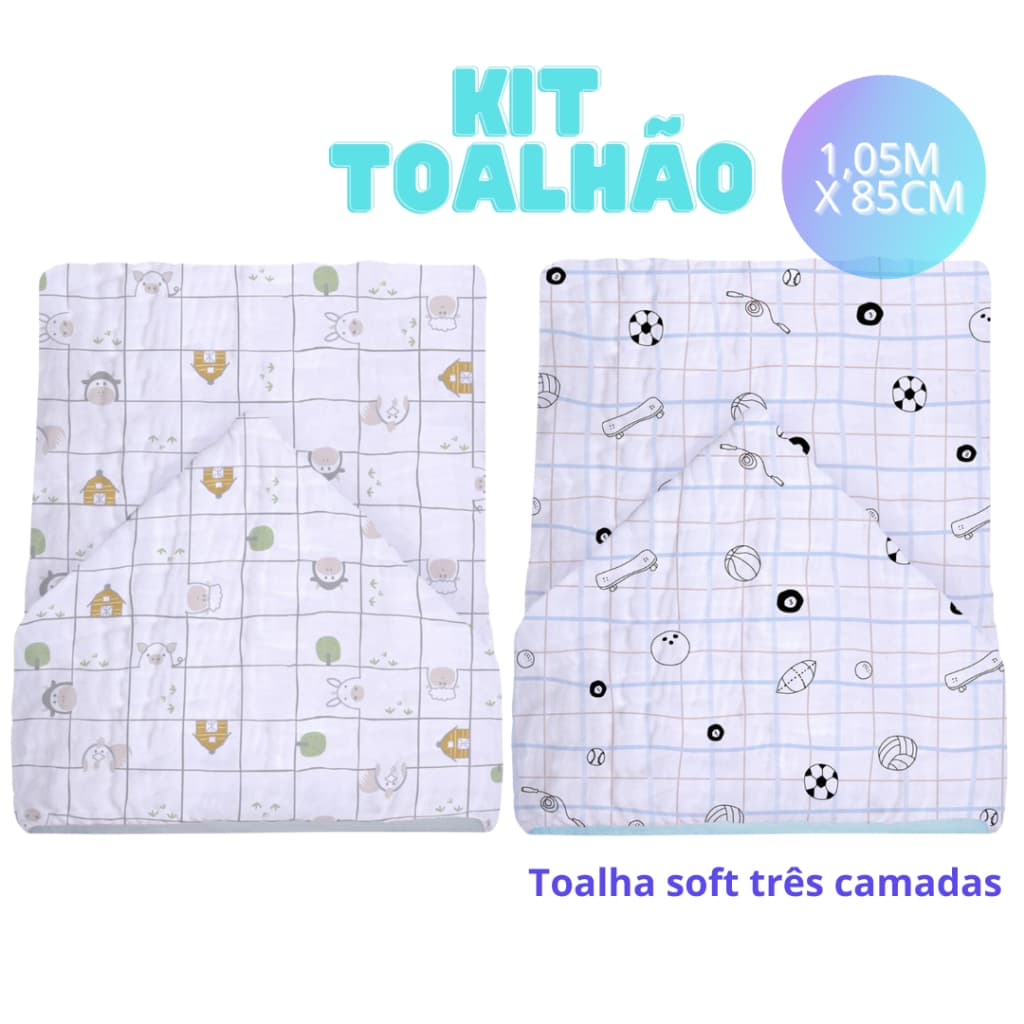 Kit Toalhão Toalha De Banho Bebe Com Capuz Soft Premium Fralda Três Camadas Papi  Criança Infantil