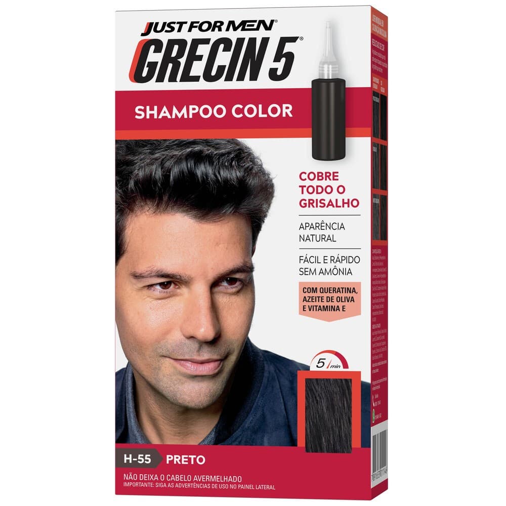 Grecin 5 Shampoo Tintura Tonalizante Preto H-55 60ml - Cobre os cabelos grisalhos em 5 minutos.