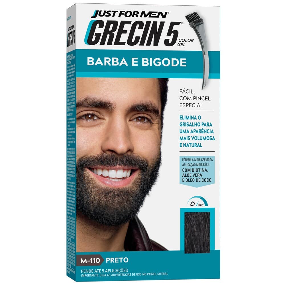Grecin 5 Color Gel TIntura Tonalizante Barba e Bigode Preto M-110 28g - Cobre os fios grisalhos em 5 minutos.
