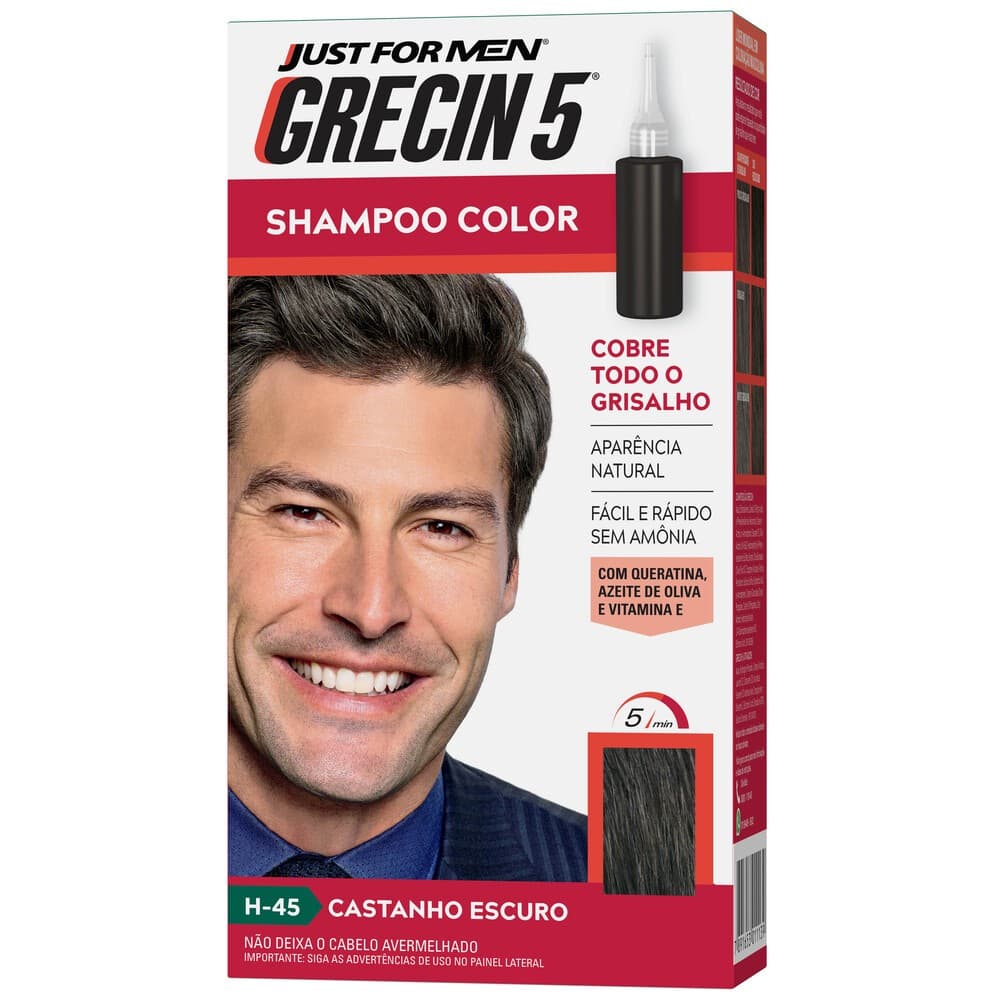 Grecin 5 Shampoo Tonalizante Castanho Escuro H-45 60ml - Cobre os cabelos grisalhos em 5 minutos.
