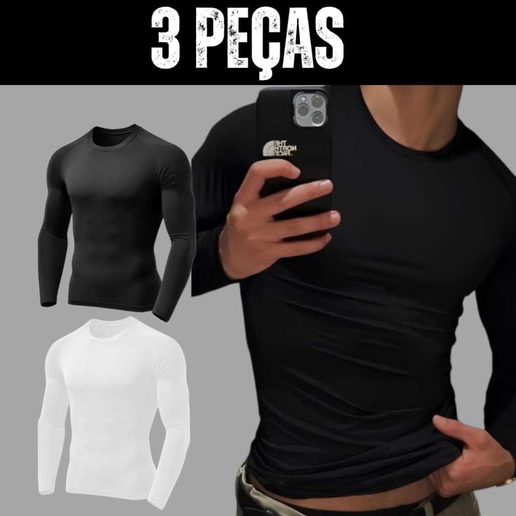 Kit com 3 Camisetas Masculinas Térmica Segunda Pele com Proteção UV Tecido Gelado Contra o Verão