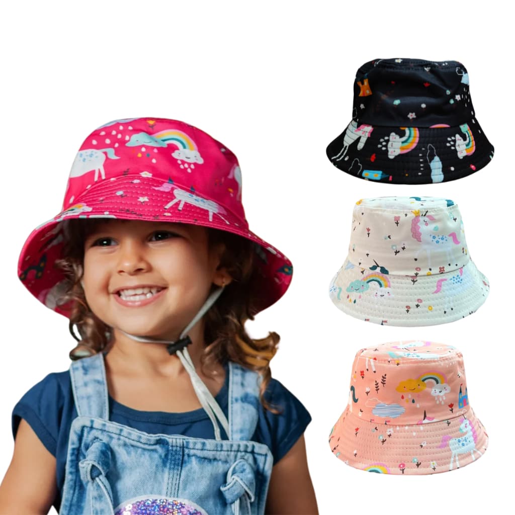 Chapéu de praia Infantil UV Bucket Infantil unicornio Chapéu de praia feminino menina com Cordinha