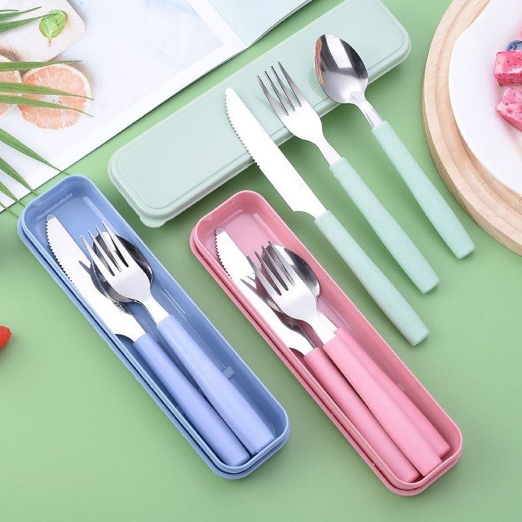 Jogo Talher Colher 3pc Inox Estojo Garfo Faca Colher Marmita Viagem