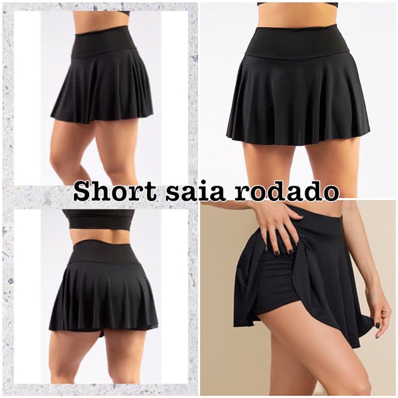 Short saia cm bolso suplex confortavel academia fitness rodado ioga bailarina