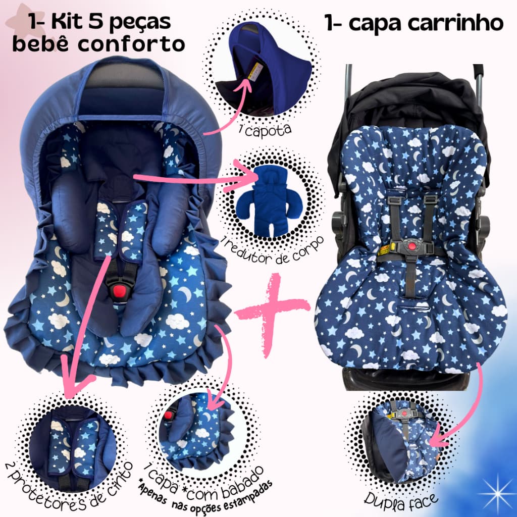 Kit 5 peças Bebê Conforto + Capa de Carrinho tamanho universal galzerano cosco maxi cosi Voyage
