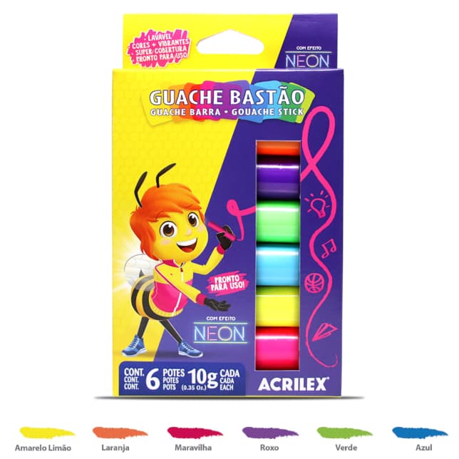 Tinta Guache Bastão 6 Cores Neon Fantasia Acrilex Com Nota Fiscal