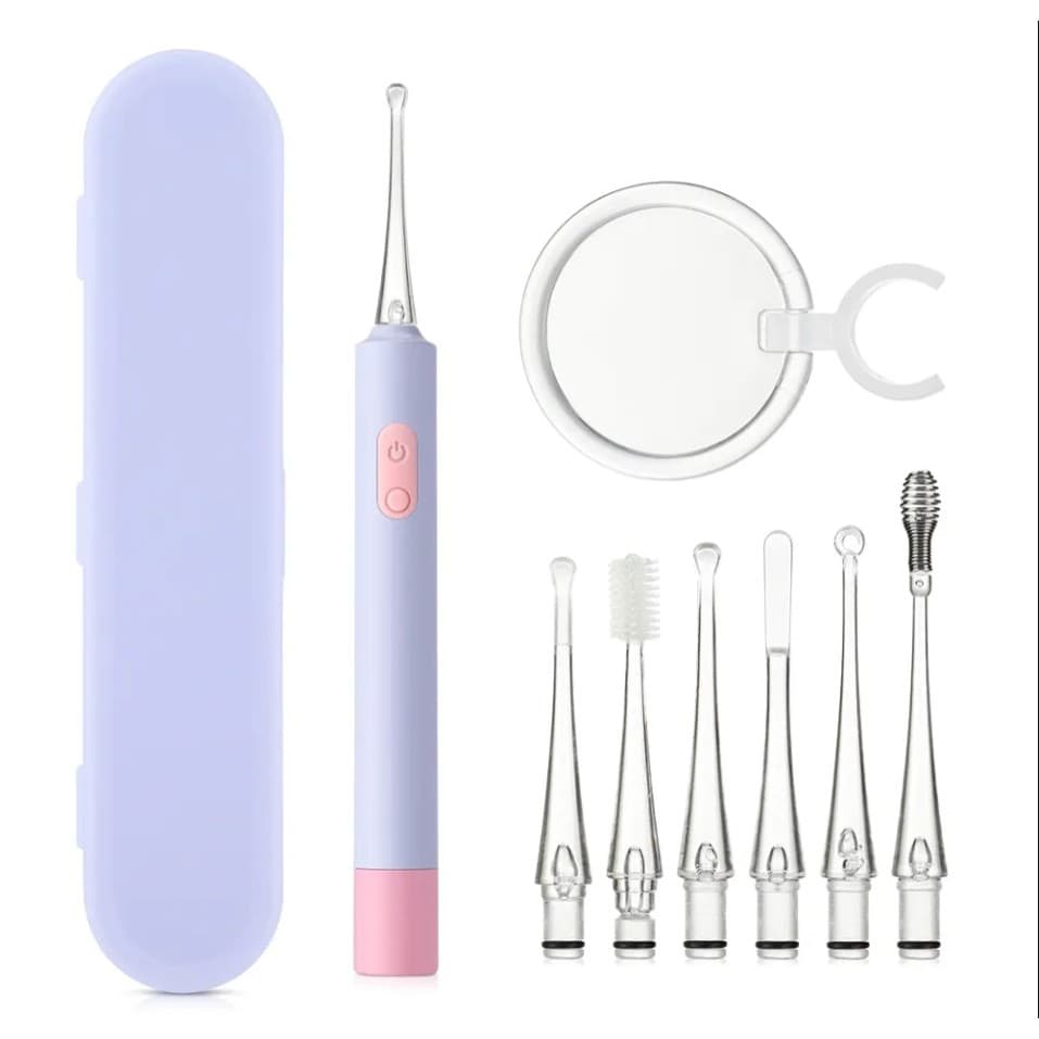 Limpador De Cera Ouvido Elétrico com Luz LED -Removedor de Cera - com Lupa 5X, Recarregável via USB, 6 Pontas Intercambi