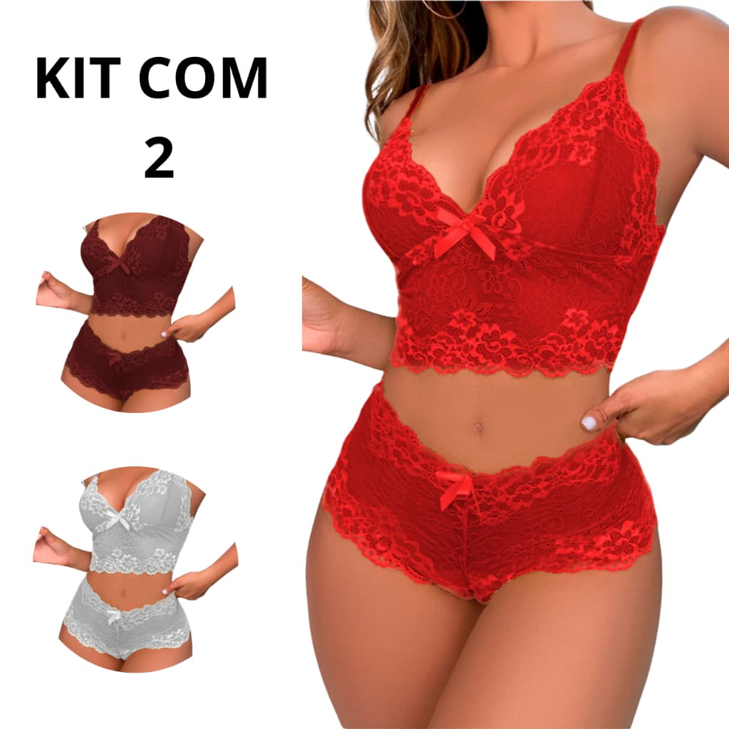 Kit 2 Conjunto Renda Espera Marido Lingerie Cropped Sutiã Sem Bojo Short Calcinha Caleçon