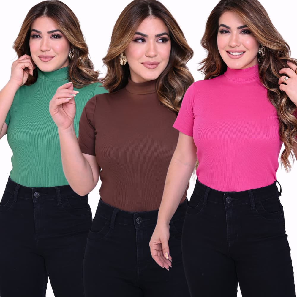 OFERTA 3 BLUSAS FEMININO GOLA ALTA ESTILOSA CANELADO COM MANGA CURTA