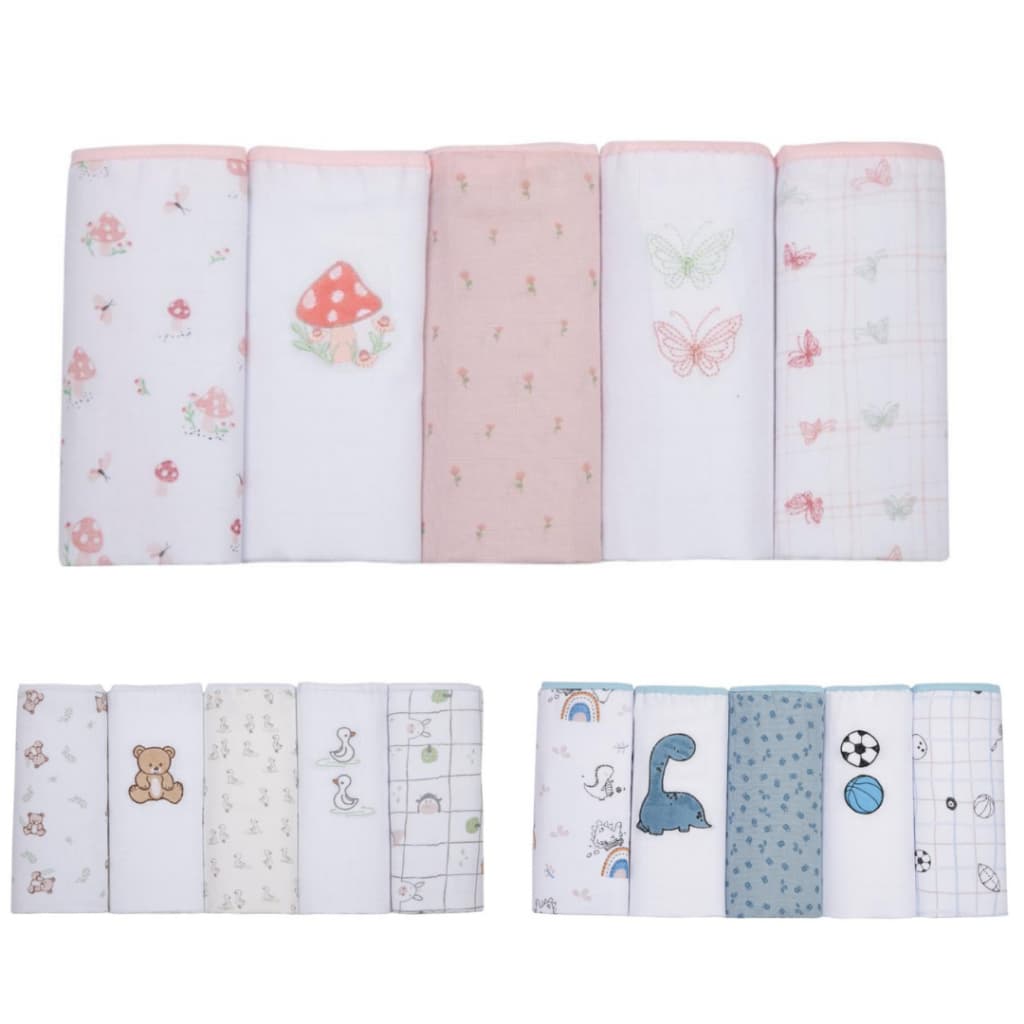 FRALDA DE PANO SOFT PREMIUM PAPI BABY 80X 80 KIT C/ 05 UN ESTAMPADA E BORDADA PARA BEBE- ENXOVAL