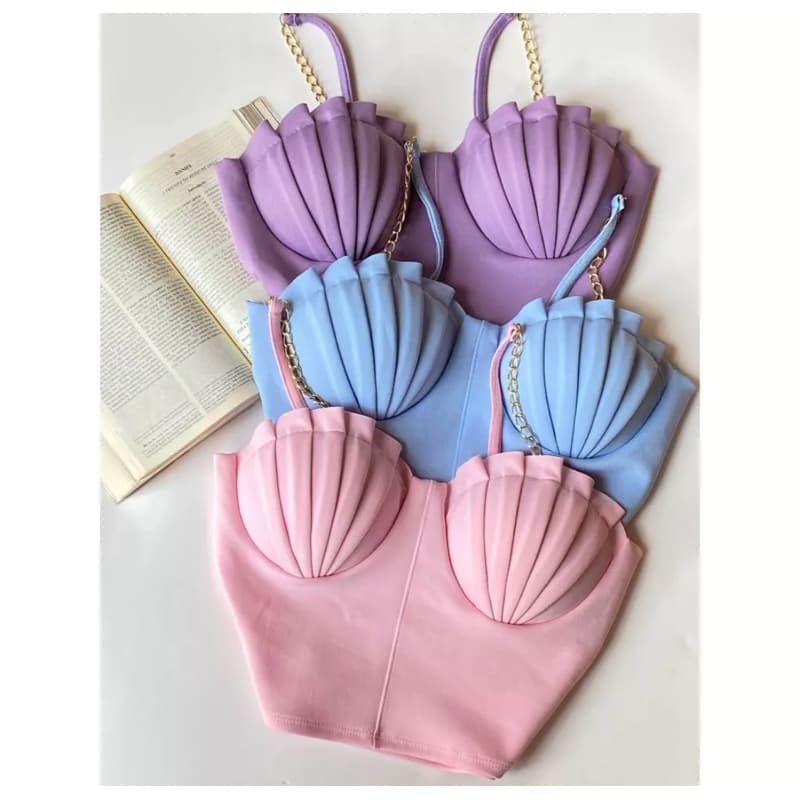 Cropped Alça Corrente Com Bojo Concha Modinha Balada Top Malha Neoprene Sereia Curto Feminino