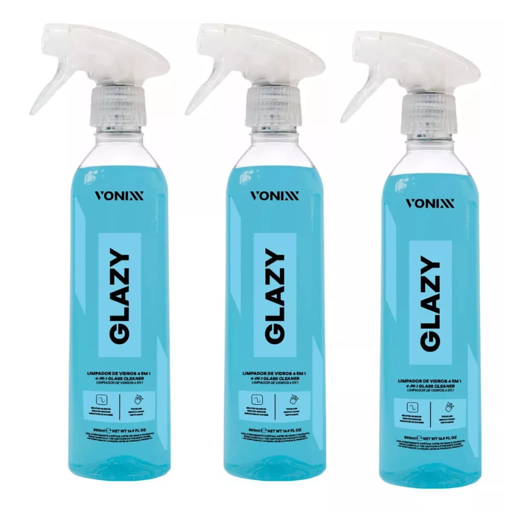 3 Glazy 500ml Limpa Vidros Redutor De Atrito 4 Em 1 Vonixx