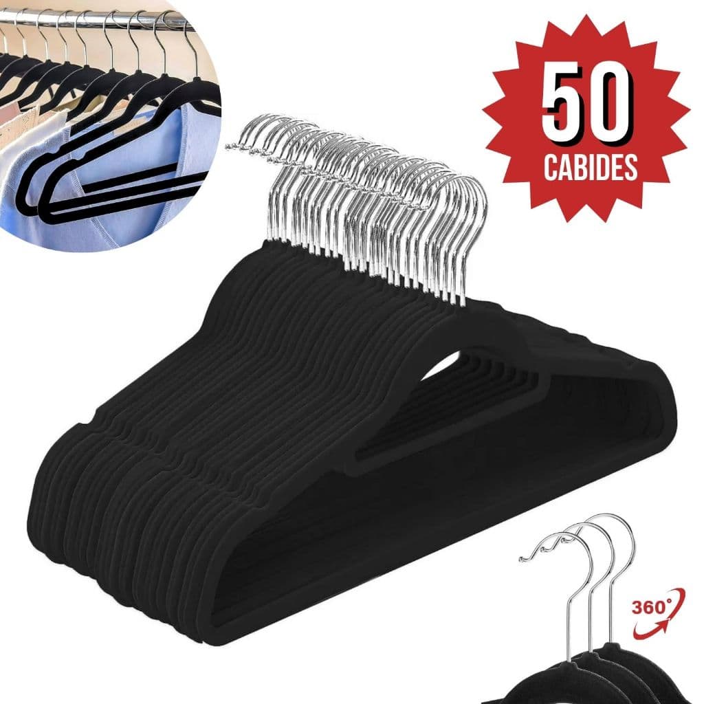 Kit 25/50 Cabides Veludo Adulto Para Roupas Ultrafino Resistente Antideslizante Rotação 360° Slim Preto