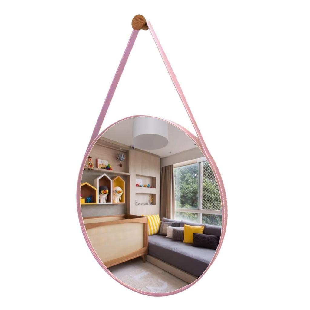 Espelho Decorativo Redondo Com Couro Adnet Infantil Quartos Salas C/ Pino Suporte