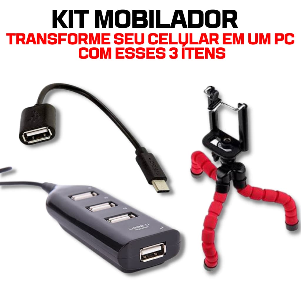 Kit Emulador Completo Hub 4 Portas Usb Ultra Rápido + Cabo Conexão Otg + Suporte Tripé Para Celular