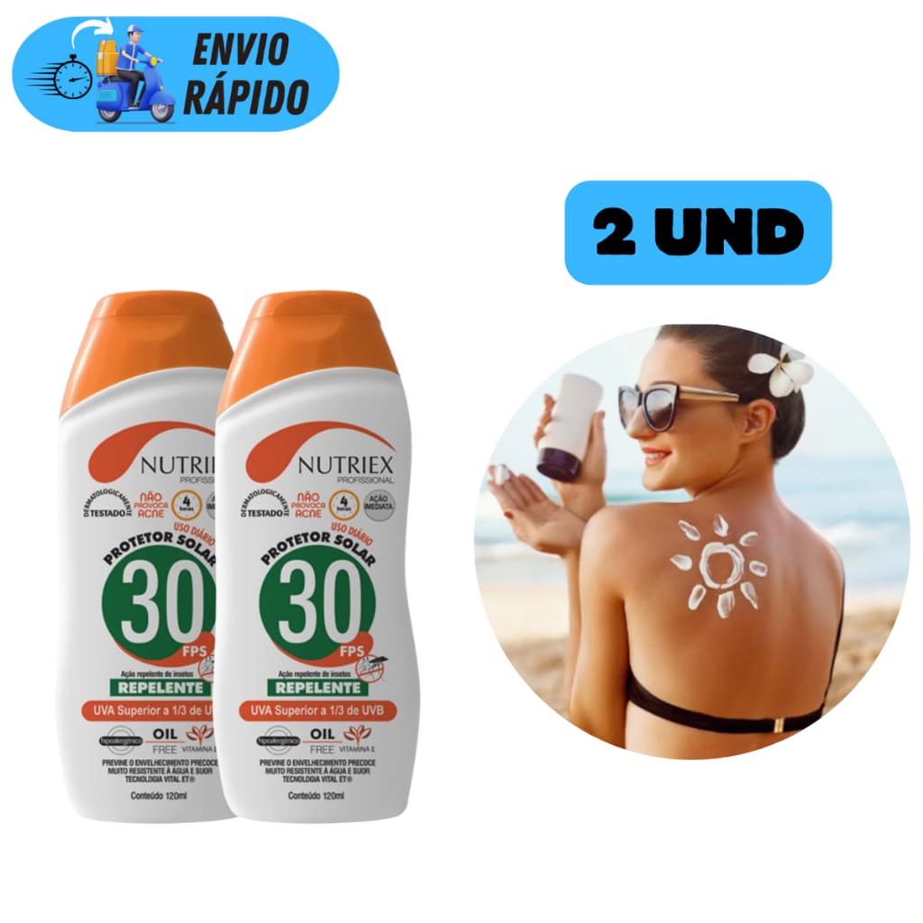 KIT 2 PROTETOR SOLAR FATOR 30 COM REPELENTE 120 G NUTRIEX NÃO OLEOSO PARA PELES SENSÍVEIS SOL PRAIA
