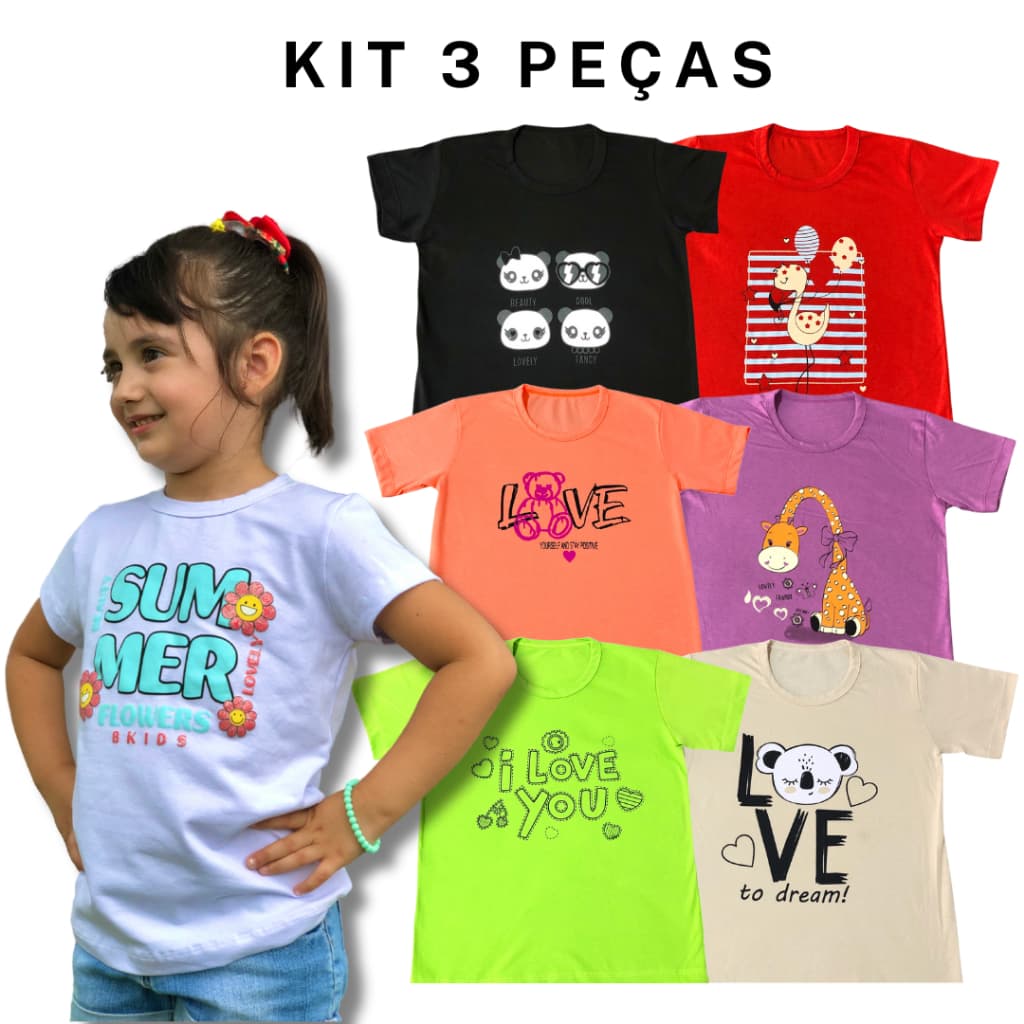 Kit 3 camisetas femininas de algodão infantil - Blusas de menina com estampas variadas