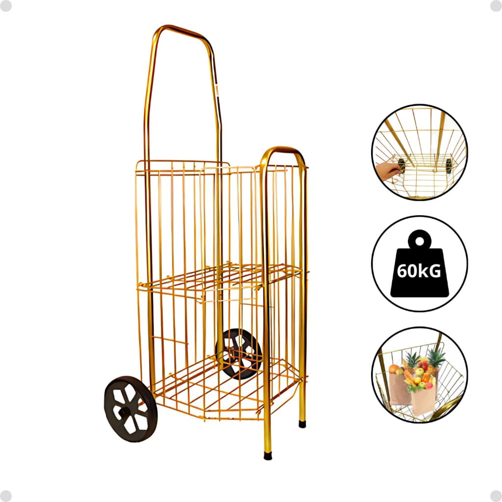 Carrinho De Feira Dobrável 2 Partes Dourado E Prata Compras Feira Compacto Ágil 60kg Reforçado