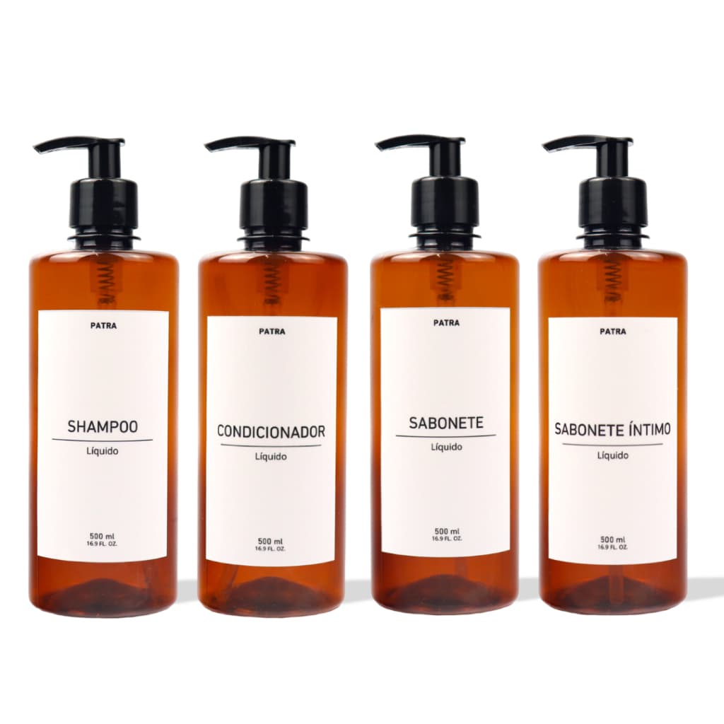 kit Banho Frasco Âmbar  4pçs Shampoo Condicionador Sabonete líquido e Sabonete íntimo Dispenser 500ml